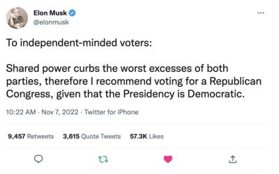 Tweet d'Elon Musk le 7 novembre 2022 au moment des éléctions MidTerms aux USA