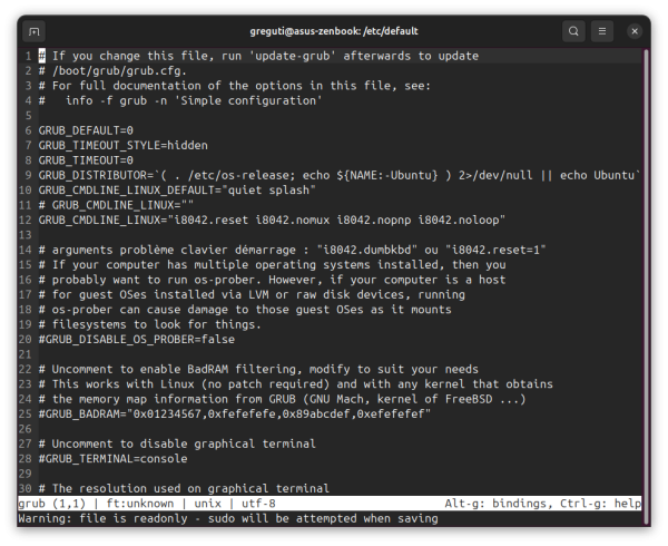 Capture d'écran du terminal Gnome, Nano est ouvert sur le fichier GRUB qui se trouve dans /etc/default/.