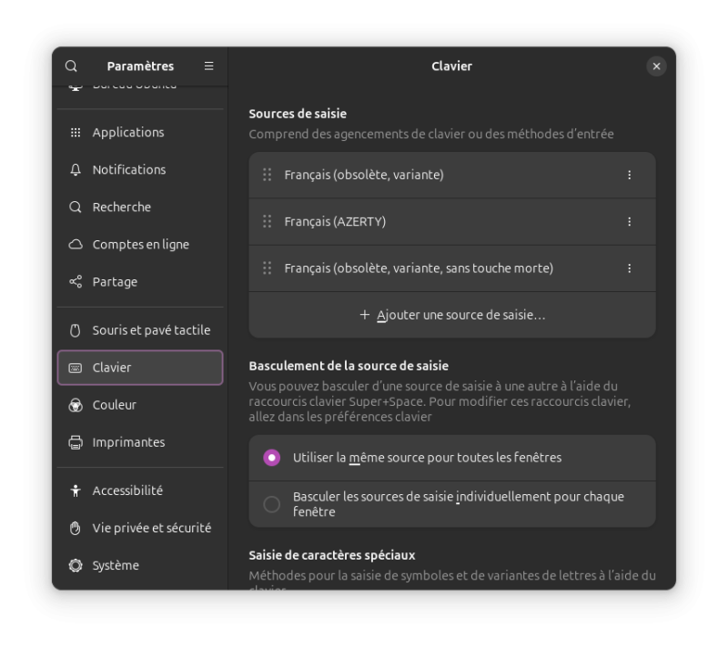 Appli Paramètres d'Ubuntu, ouverte sur la section Clavier.