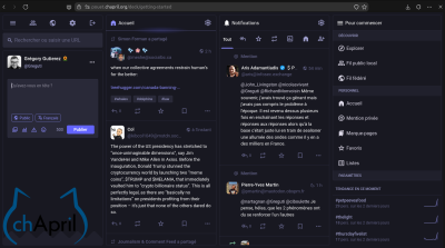 Capture d'écran de l'interface web avancée de Mastodon, sur l'instance de l'APRIL