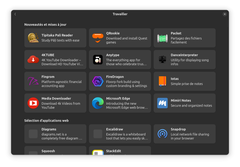 Le magasin d'applications Flatpak sur Ubuntu Linux 25.04, ouvert à la catégorie "Travailler". 