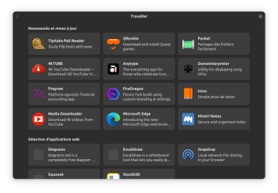 Le magasin d'applications Flatpak sur Ubuntu Linux 25.04, ouvert à la catégorie "Travailler". 