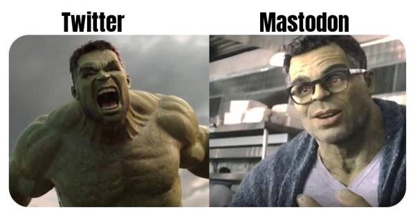 Mème qui traîne sur Mastodon depuis fin 2022... On notera que Hulk lui-même, c'est-à-dire l'acteur américain Mark Ruffalo, est présent et actif sur Mastodon (cf. liste ci-dessous) !
